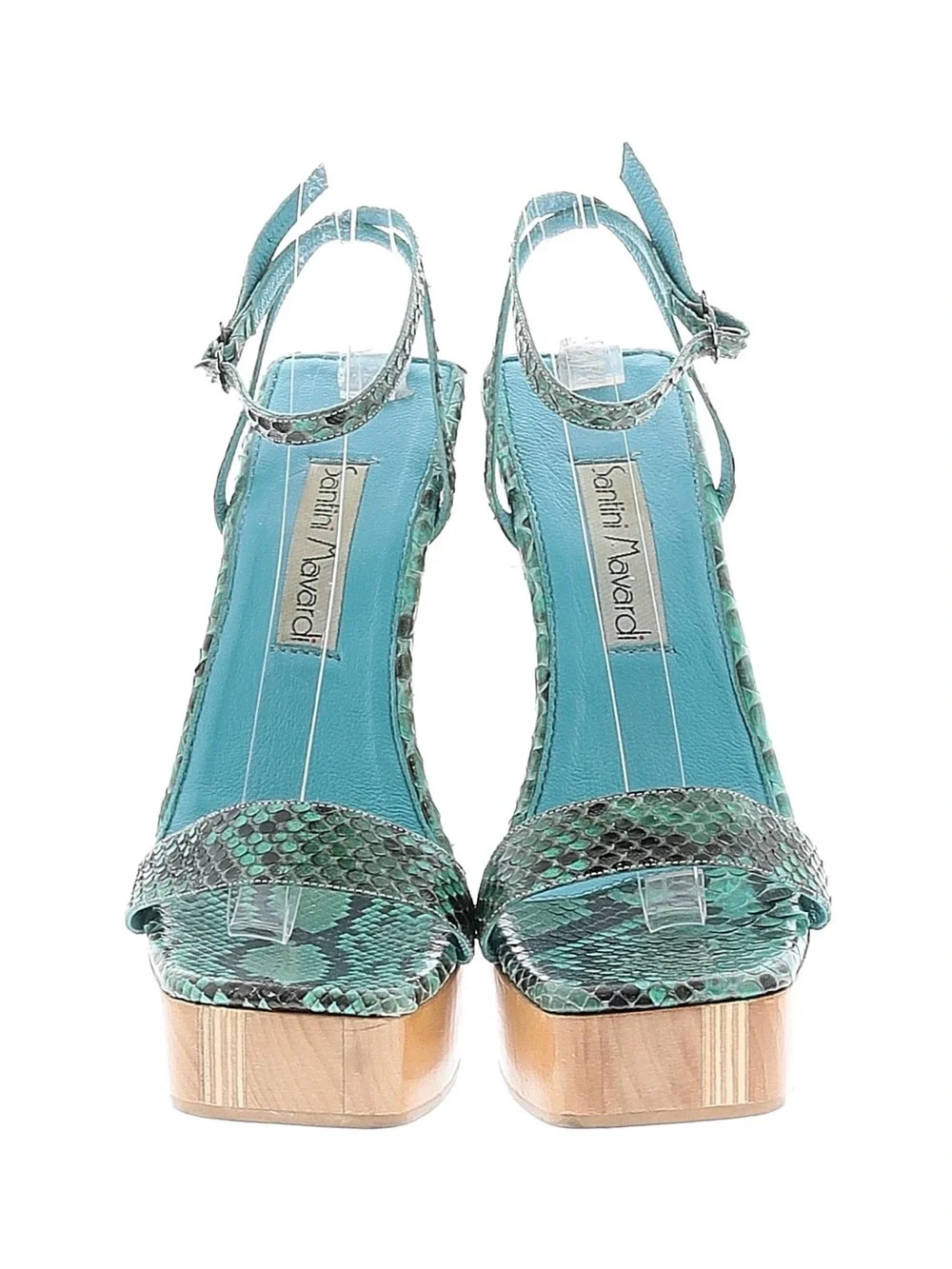 Teal Snake-Print Ankle-Strap Wedge Sandals by
